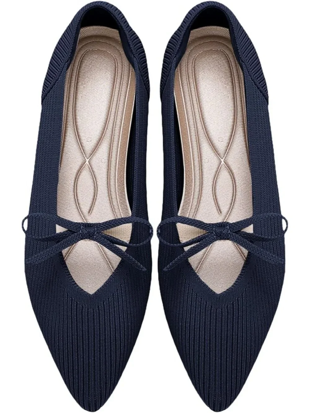 Women's Navy Pointed Toe Knit Ballet Flats Comfortable Pull On Casual Shoes